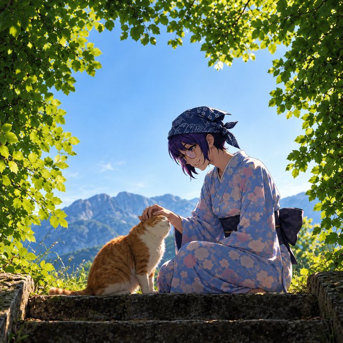 An anime-style illustration shows a person with purple hair wearing a blue floral kimono and bandana, sitting on stone steps and petting an orange and white cat, with mountains and a leafy frame in the background.