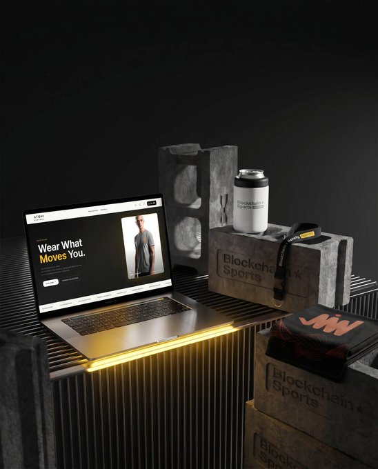 A promotional product photo featuring an open laptop displaying 'AETHON - Wear What Moves You' next to a branded 'Blockchain Sports' water bottle and apparel items arranged on cinder blocks.