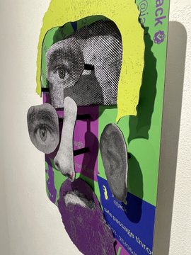 The image features a unique piece of art that appears to be a collage or mixed media artwork, possibly made from paper mache. The artwork depicts an anthropomorphic face with a beard and glasses, giving it a quirky and playful appearance. The artist has used various elements such as eyes, ears, nose, mouth, and even a tongue to create this character. 

The image is posted on social media, specifically on Instagram, where the artist's work can be seen by their followers. The post includes text that reads "LISBON TONIGHT: OPENING NIGHT UNPERMITTED SELF @Eterno Gallery 1800-210 0@cryptopunks ARTIST GROUP SHOW TOUCH THE ART MAKE A PRINT TO TAKE HOME". This suggests that the artist has created this piece for an exhibition or a special event, and it is now available for viewing on social media platforms.