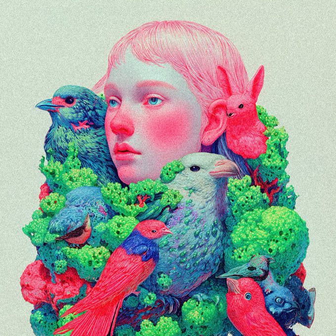 A surreal digital illustration features a woman's face in pink tones surrounded by various colorful birds, a pink rabbit, and green broccoli-like textures against a beige background.
