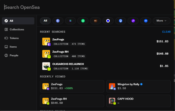 A screenshot of the OpenSea search interface showing recent searches including 'ZecFrogs' (473 items) at $151.83, 'ZecFrogs RH' (406 items) at $546.60, and 'OLIGARCHS RELAUNCH' (1.11K items) at $1.85.
