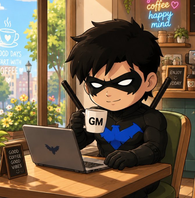 An anime-style illustration of a chibi superhero character with a black mask sitting at a cafe table with a laptop and a coffee mug labeled 'GM', surrounded by cafe-themed text like 'coffee happy mind' and 'GOOD DAYS START WITH COFFEE'.
