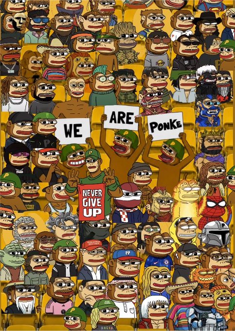 Digital illustration of numerous cartoon monkey characters, some holding signs that read 'WE ARE PONKE' and 'NEVER GIVE UP', celebrating the PONKE crypto community.