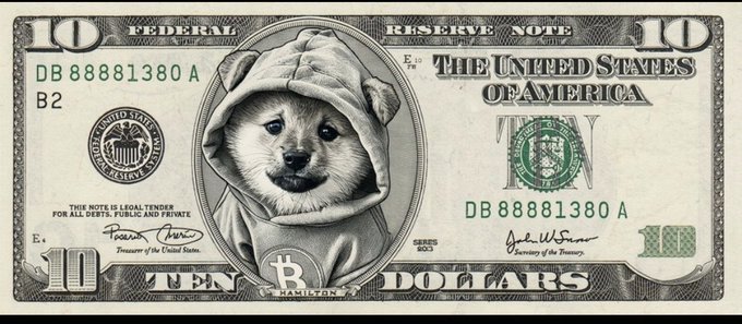 A parody US $10 Federal Reserve Note featuring a hooded Shiba Inu puppy (Hamilton) in the center portrait and a Bitcoin 'B' logo at the bottom.