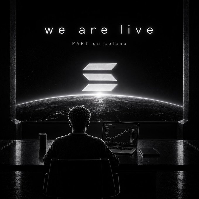 A black and white promotional image with 'we are live - PART on solana' text, showing the Solana logo above a view of Earth from space, with a silhouetted person working on a laptop below.