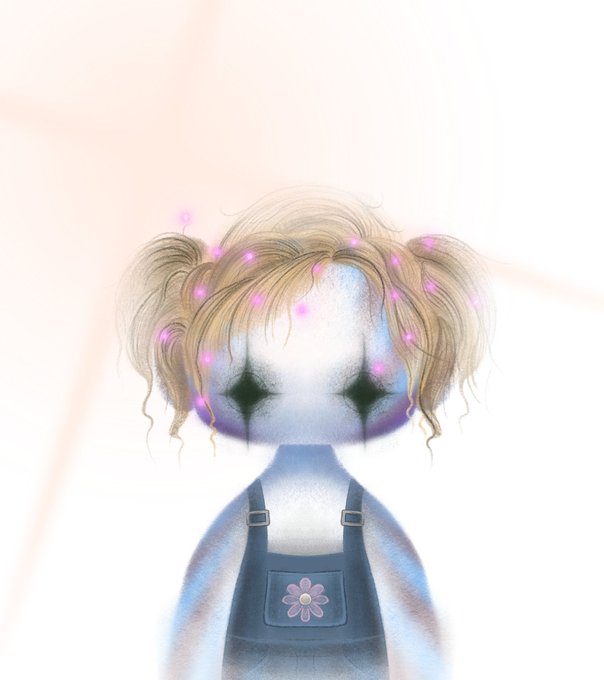 An unsettling digital illustration of a pale girl with blonde pigtails, dark hollow eyes with dripping shadows, wearing a denim overall with a pink flower design.