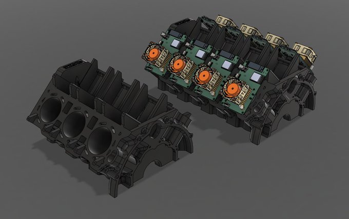 A 3D rendering displays the disassembled components of a printable Bitaxe V6 V6 ASIC miner, featuring a black plastic housing/enclosure on the left alongside its internal electronics assembly on the right, which includes a green circuit board with four prominent orange ASIC chips, cooling fan mounts, and connector ports—all sized to fit within a standard 256x256mm 3D printer bed.