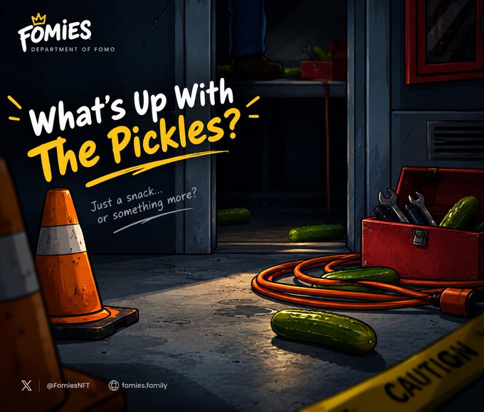 A cartoon-style image titled 'What's Up With The Pickles?' from 'FOMIES DEPARTMENT OF FOMO', showing pickles scattered around a workshop.
