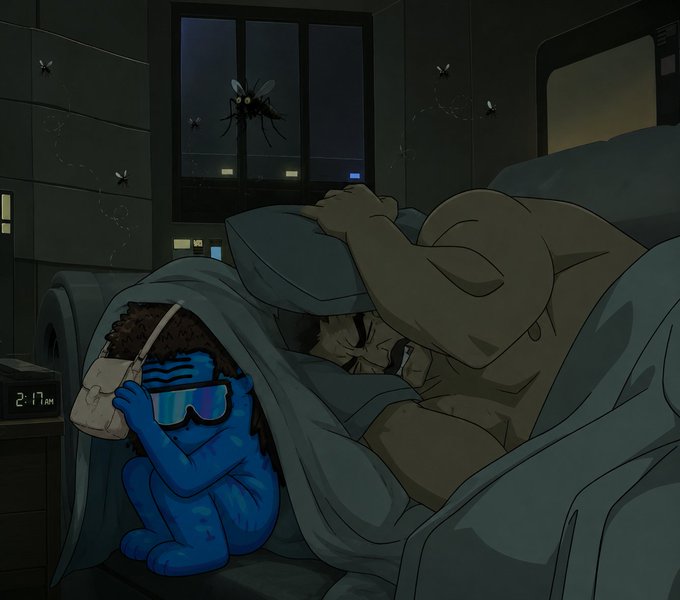A small blue creature wearing ski goggles hides under a blanket on a couch beside a large, sleeping Hulk-like figure, as giant mosquitoes buzz around them in a dark room; the digital clock reads "2:17 AM." The image humorously illustrates the post's message of standing strong (Wagmi) alongside the "Binance Intern" through the night, even when plagued by metaphorical "mosquitos" or hardships.