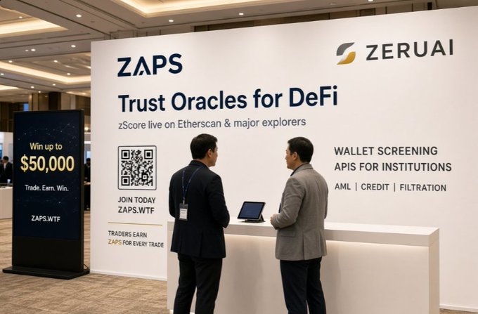 Two men in suits discuss business at a trade show booth for 'ZAPS' and 'ZERUAI' advertising 'Trust Oracles for DeFi' and offering a chance to 'Win up to $50,000'.