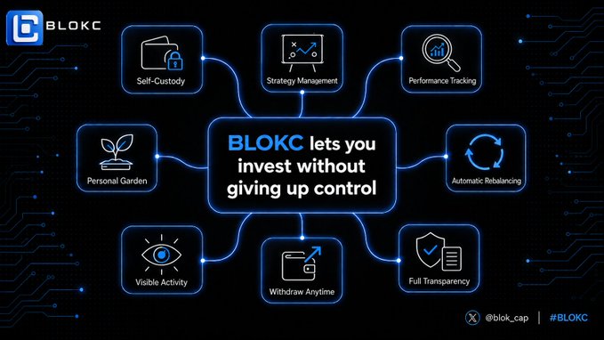 The image is a promotional infographic for BLOKC (@blok_cap), featuring the central message "BLOKC lets you invest without giving up control" surrounded by eight feature icons highlighting Self-Custody, Strategy Management, Performance Tracking, Personal Garden, Automatic Rebalancing, Visible Activity, Withdraw Anytime, and Full Transparency, visually reinforcing the post's concept of a non-custodial investment management model.