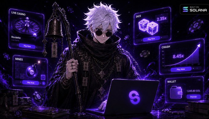 A promotional banner for a crypto gambling platform built on Solana features an anime character with white hair and sunglasses, displaying games like Roulette, Dice, Mines, and Crash with a wallet showing 1,245.80 SOL.