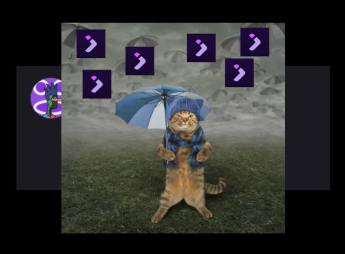A whimsical image of an orange cat standing upright on grass holding a blue and white umbrella, wearing a blue scarf and hat, with purple chat bubble icons floating above and a backdrop of parachutes.