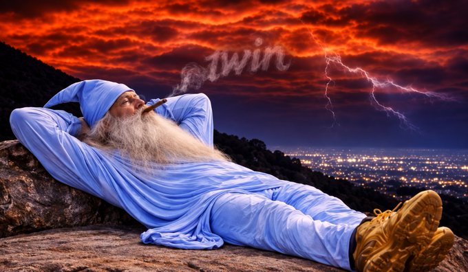 A humorous edited image of a figure in blue pajamas with a long white beard reclining on a rock, smoking a cigar, with 'I win' written in the smoke against a dramatic red stormy sky with lightning over a city.