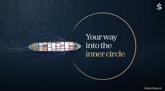 An advertisement for Edra Protocol featuring an aerial view of a cargo ship on dark water with the tagline 'Your way into the inner circle.'