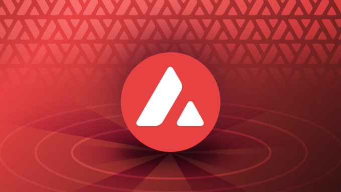 The image features the Avalanche (AVAX) logo—a red circle with a white "A" symbol—set against a geometric red background with triangular patterns. This visually represents the AVAX cryptocurrency referenced in the post, which discusses Avalanche's potential role as a base for 24/7 trading on the NYSE and its prospects of surpassing its $150 all-time high.