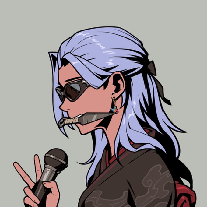 An anime-style illustration of a character with long light purple hair, sunglasses, a black earring, holding a microphone while biting into a knife or blade wrapped in cloth.