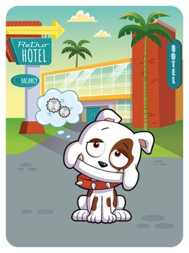 A cartoon bulldog with a thought bubble of gears stands in front of a "Red Kat Hotel" and "Vacancy" signs, symbolizing a choice between loyalty and focus. The image ties to the post's dilemma of choosing between a bulldog-themed profile picture or something representing drive and productivity.