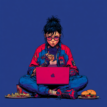 The image features a girl sitting cross-legged with her legs crossed, wearing glasses and holding a laptop computer. She appears to be eating food while working or browsing the internet. The background of the image is a solid blue color, which contrasts with the white text that reads "Gm Lets keep pushing for that @opensea blue check". This phrase seems to be related to the post about Bitcoin, as it suggests that the girl might be interested in cryptocurrency and wants to share her thoughts or experiences on the matter.