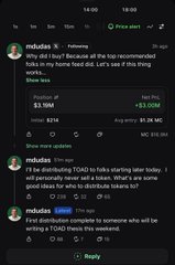 The image shows a Twitter thread by @mdudas (Andrew Keys) discussing his crypto portfolio strategy. The top tweet reveals a position of **$3.9M (95.6% gain)** in a meme coin called **$TOAD** ($1.9M unrealized profit), while a follow-up tweet shows a **$214 → $3M+ return** on an earlier Pump-fun meme trade, with the user noting they are "distributing TOAD to folks starting today" to someone else.