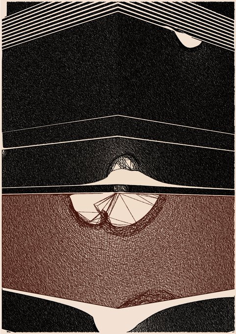 ersatz art style drawing features a black and white composition, with a central figure of a face and a background resembling a mountain range or ocean waves.