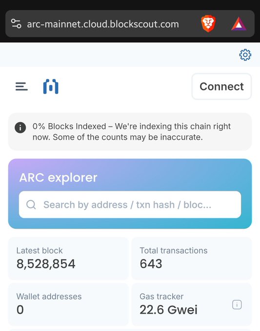 The image shows the ARC Mainnet block explorer (arc-mainnet.cloud.blockscout.com) displaying a "0% Blocks Indexed" notice, with the latest block at 8,528,854, only 643 total transactions, 0 wallet addresses, and a gas tracker at 22.6 Gwei—suggesting ARC mainnet is very early-stage and possibly approaching its TGE. The low activity metrics and indexing-in-progress message support the claim that ARC mainnet is newly launched and upcoming.