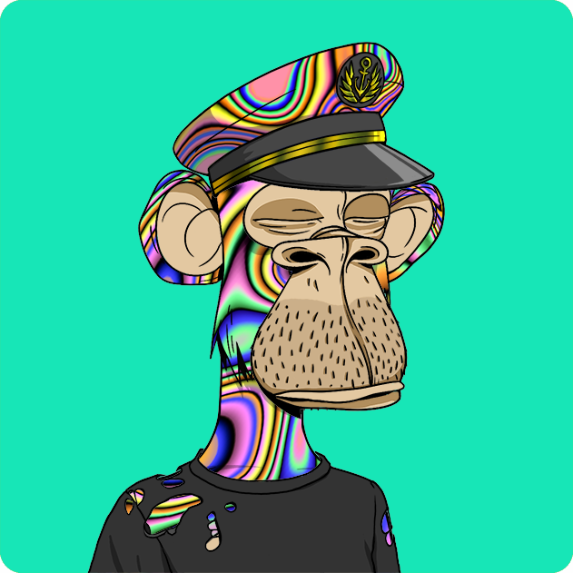 Psychedelic cartoon portrait of an ape-like character wearing a multicolored military-style cap and dark shirt against a bright turquoise background.
