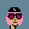A pixel art portrait of a figure with pink hair wearing oversized black sunglasses, paired with a caption celebrating the sale of a "Big Shades" NFT for a significant amount of ETH.