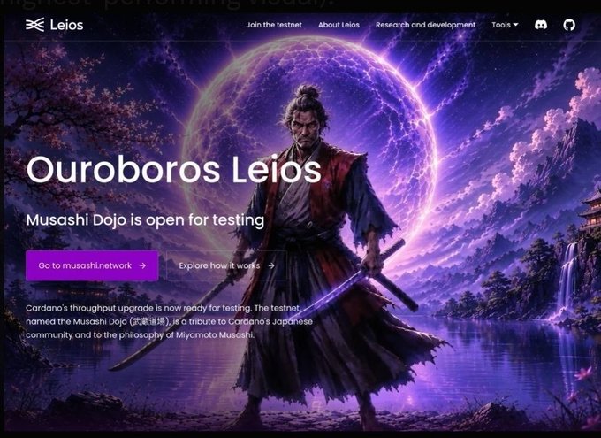 The image is a promotional webpage for "Ouroboros Leios" featuring a warrior figure against a purple cosmic backdrop, announcing that "Musashi Dojo is open for testing" as Cardano's new testnet, with a call-to-action button reading "Go to musashi.network." The page ties directly to the post by introducing Musashi Dojo as the public testnet where Cardano's next consensus-layer upgrade, developed by IOG, will prove itself before reaching mainnet.