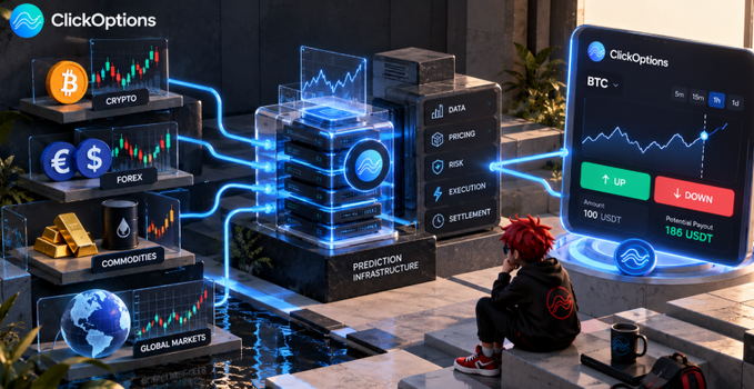 A promotional graphic for 'ClickOptions' showing a character viewing a trading interface with BTC data, displaying 'UP' and 'DOWN' options with '100 USDT' amounts, alongside panels for Crypto, Forex, Commodities, and Global Markets.