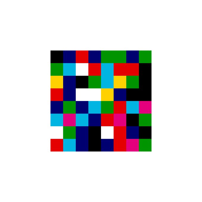A colorful pixel art QR code or mosaic pattern composed of red, blue, green, yellow, cyan, magenta, black, and white squares on a white background.