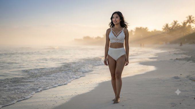A woman in a white bikini walks along a sandy beach with waves and a sunset in the background.