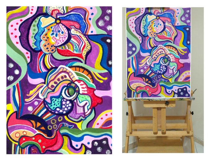 A side-by-side view shows a colorful, psychedelic abstract painting on the left and the same painting displayed on a wooden easel on the right.