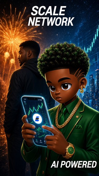 Digital illustration for 'SCALE NETWORK' featuring a stylish young character in a green suit holding a smartphone displaying trading charts, with text reading 'AI POWERED' at the bottom.