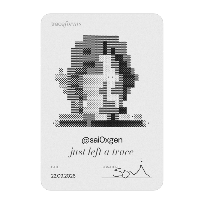 A 'traceforms' digital collectible card featuring a pixelated character portrait, attributed to '@sai0xgen' with the text 'just left a trace' and dated 22.09.2026.