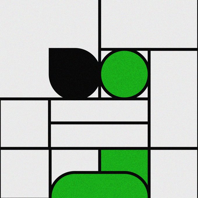 A geometric minimalist artwork featuring black, white, and green shapes, including circles and rectangles, arranged in a grid pattern.