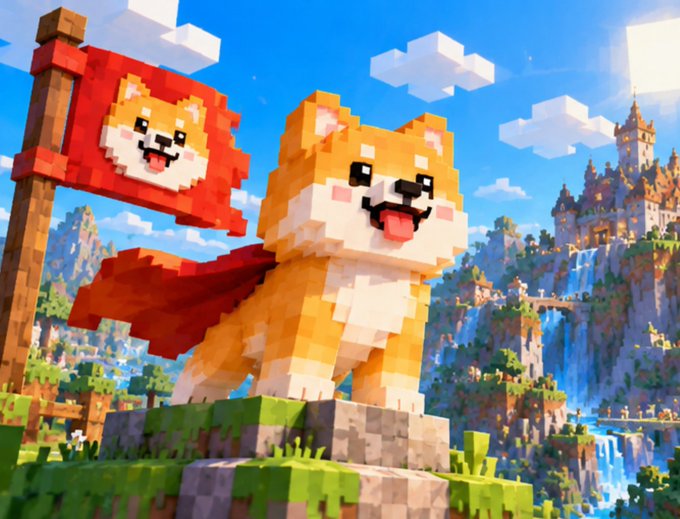 A voxel-style, blocky Shiba Inu dog wearing a red cape stands triumphantly on grass, with a matching flag bearing its face behind it and a detailed castle and waterfall in the background.