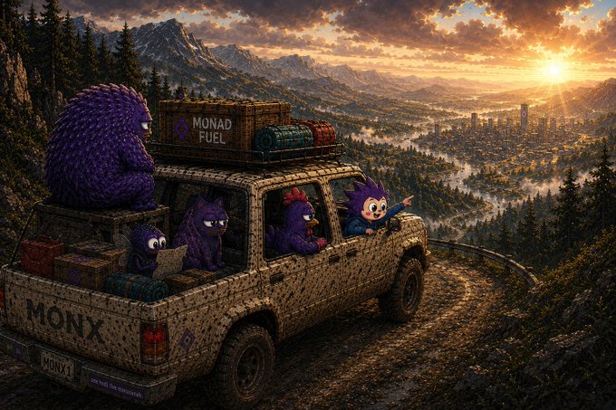 A rugged, mud-splattered pickup truck emblazoned with "MONX" on its door and tailgate carries a crew of purple, cartoonish creatures—including a sharp-toothed monster perched on the cab roof—along a mountain overlook at sunset, with crates labeled "MONAD FUEL" and a city skyline in the distance. The vehicle's adventurous journey toward the sunlit horizon visually echoes the post's message of destined convergence, with "MONX" tying the scene to the featured meme tokens $CHOG, $MOLANDAK, $MOUCH, $MOYAKI, and $MONCOCK riding along.