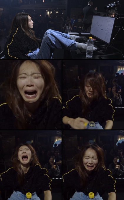 A collage shows a young woman sitting at what appears to be a gaming or esports event, with the top frame showing her calmly resting her feet up while a laptop screen displays financial charts and the word "Buy," followed by four close-up frames of her crying and screaming in distress—perfectly capturing the emotional collapse that follows a "safe 100x long" trade turning into a catastrophic loss.