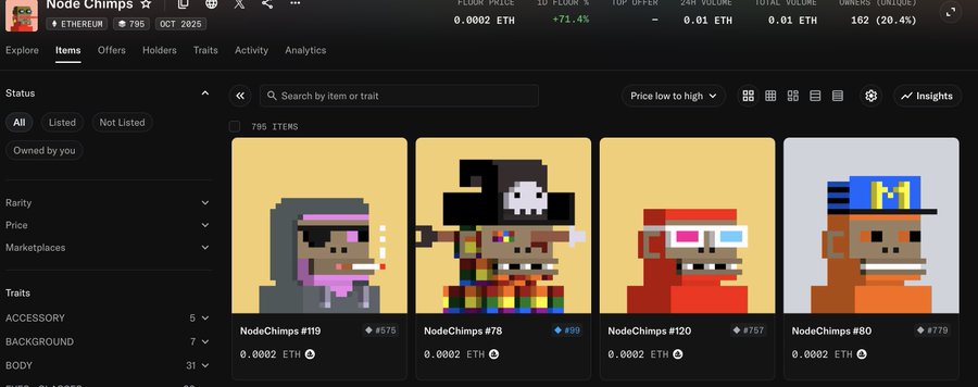 An OpenSea NFT marketplace page displaying a collection called 'NodeChimps' with pixel art monkey character listings priced at 0.0002 ETH.