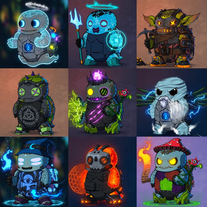 A 3x3 grid of nine cartoon-style character designs featuring various themed creatures with glowing eyes and magical or elemental accessories.