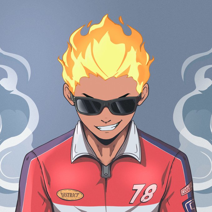 An anime-style illustration of a character with flame-like blonde hair, wearing dark sunglasses and a red racing jersey with 'DISTRICT' patch, number '78', and 'MOTUL' branding.
