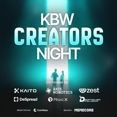 A promotional graphic for "KBW CREATORS NIGHT," co-hosted by companies including Kaito, Axis Robotics, Zest, DeSpread, Roc X, and Decentralized Intelligence, with CoinNess as a media partner.