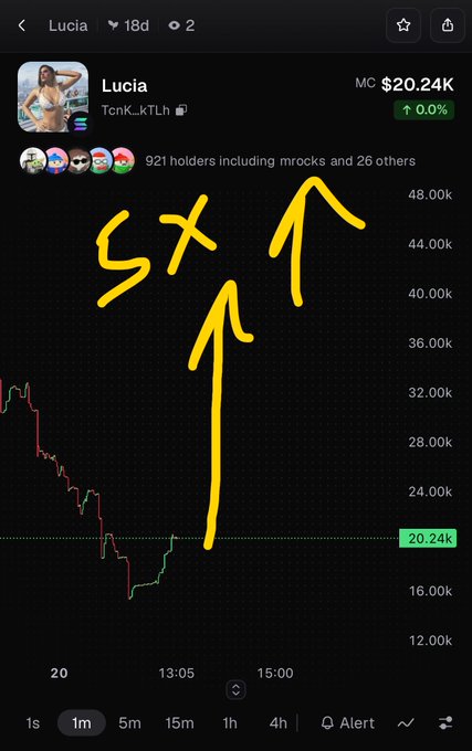 Trading chart for the token 'Lucia' (MC $20.24K) showing a sharp 5x price increase over a 1-hour timeframe with annotations indicating a strong upward move.