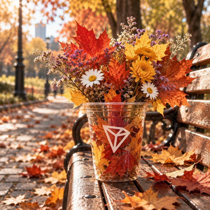 An autumn-themed arrangement of colorful fall leaves, daisies, and purple flowers in a clear cup with a triangular logo, sitting on a wooden park bench covered with scattered leaves.