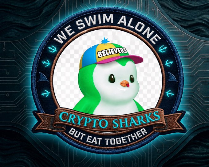 A badge-style logo featuring a penguin wearing a 'BELIEVERS' cap, with the text 'WE SWIM ALONE' at the top and 'CRYPTO SHARKS BUT EAT TOGETHER' on banners below.