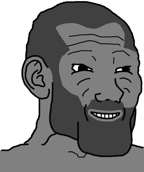 A simple black-and-white cartoon illustration of a bald man with a beard, smiling broadly and showing his teeth.