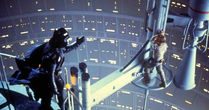 Darth Vader confronts Luke Skywalker on Cloud City's gantry in Star Wars: The Empire Strikes Back, with Vader declaring "I am your father" — mirroring the post's playful claim that Dogecoin is the "parent," likening the dramatic paternal reveal to Dogecoin's role in the crypto family hierarchy.