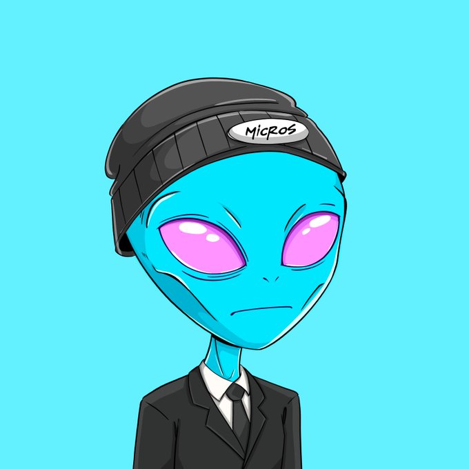 A cyan-skinned cartoon alien with large purple eyes wears a black beanie labeled "MICROS" and a formal black suit with tie, matching the post's reference to a @MicrosNft in a suit for Day 10 of their series.