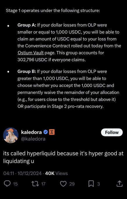 The image shows a tweet by @kaledora on December 10, 2024, reading "its called hyperliquid because it's hyper good at liquidating u," which has gained 40K views. Above the tweet is text explaining a Stage 1 structure with Group A receiving claims equal to losses up to 1,000 USDC (totaling 302,796 USDC), while Group B can either accept 1,000 USDC or participate in Stage 2 pro-rata recovery. The image visually supports the caption's criticism of Hyperliquid's capped refund structure by highlighting the limited reimbursement amounts and the community's frustration with the compensation plan.